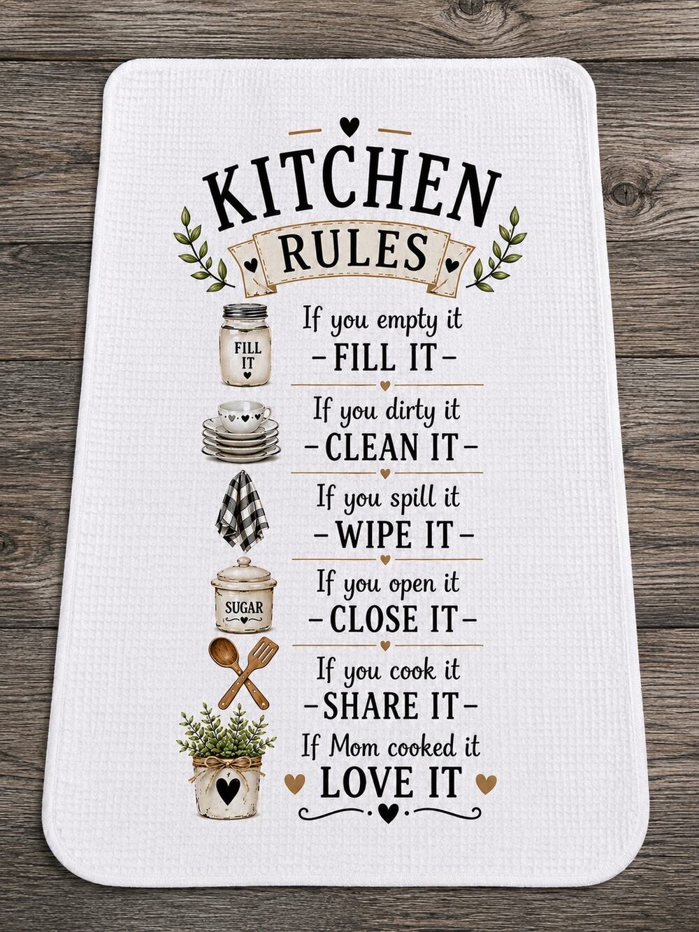 Funny Kitchen Rules Towel Farmhouse Kitchen Decor Mom Cooking Gift